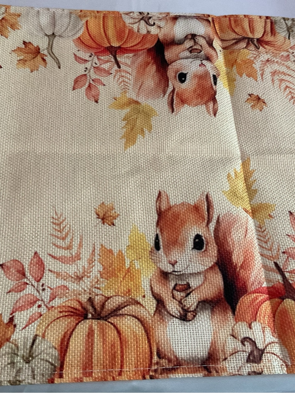 Autumn Squirrel Pumpkin Print Fabric Canvas Table Runner - Orange & Cream